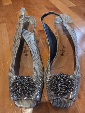 Ros Hommerson Silver Zebra-Print Slingback Heels with Black Crystal Cluster